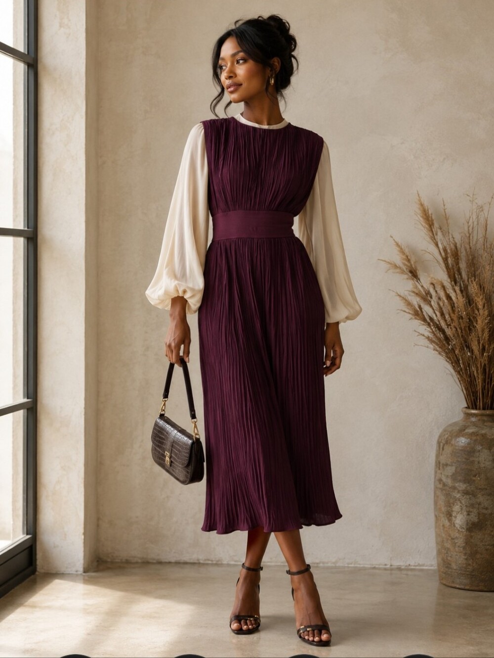 Banana Republic Elegant Sleeveless Pleated Midi Dress in Deep Plum - Picture 4 of 13